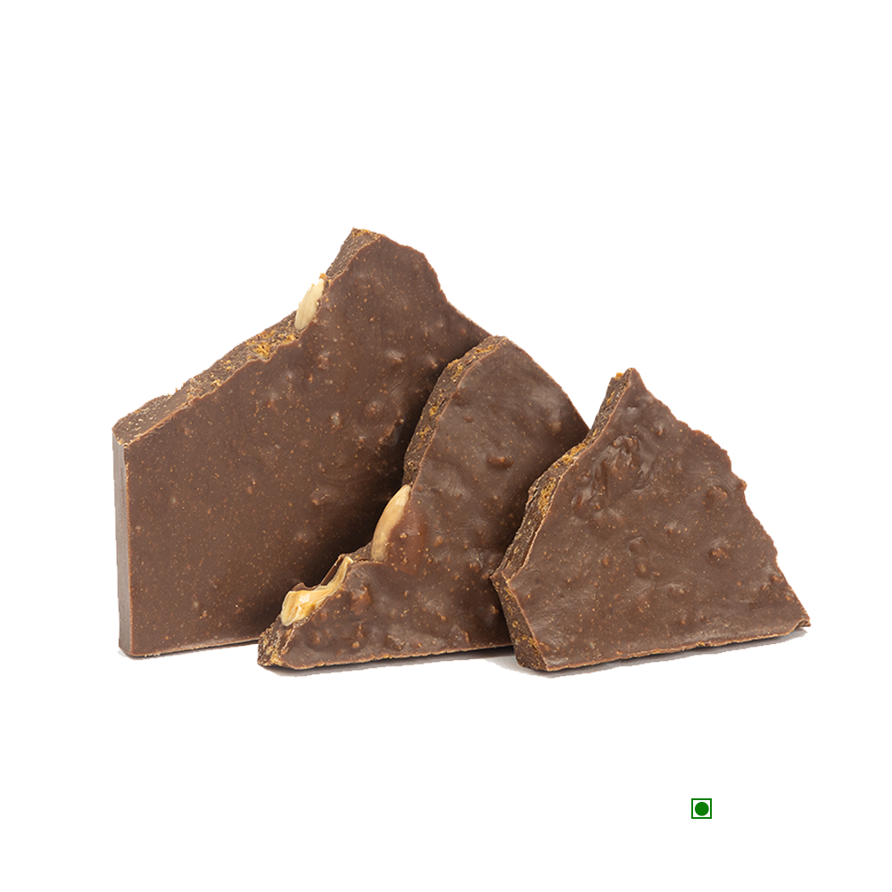 A Rhine Valley Dark Orange & Almond 100g chocolate bar with a piece of peanut butter on top.