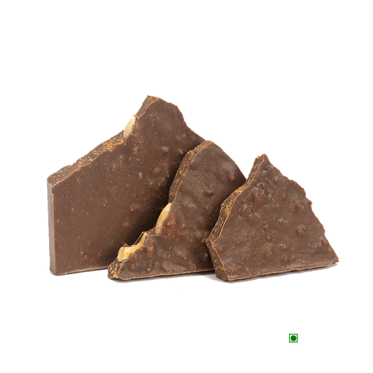 A Rhine Valley Dark Orange & Almond 100g chocolate bar with a piece of peanut butter on top.