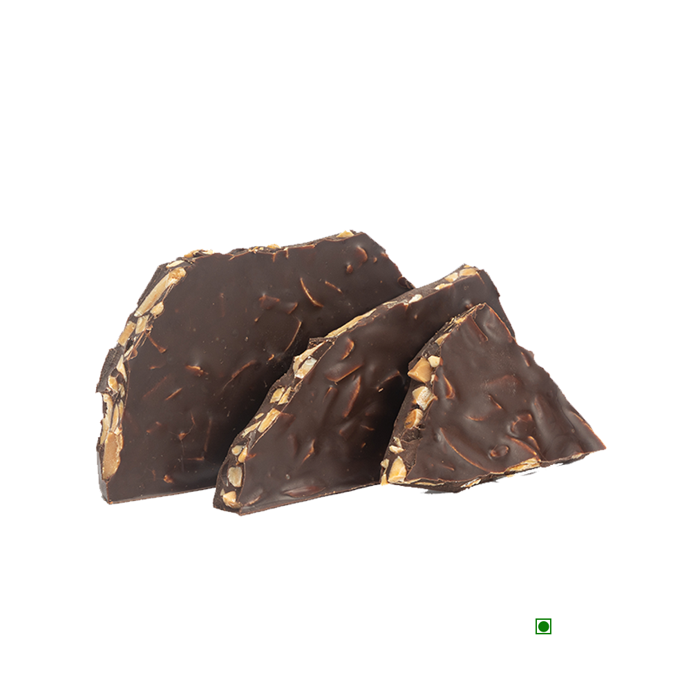 A piece of Rhine Valley Almond Rocher Dark 100g with nuts on it.