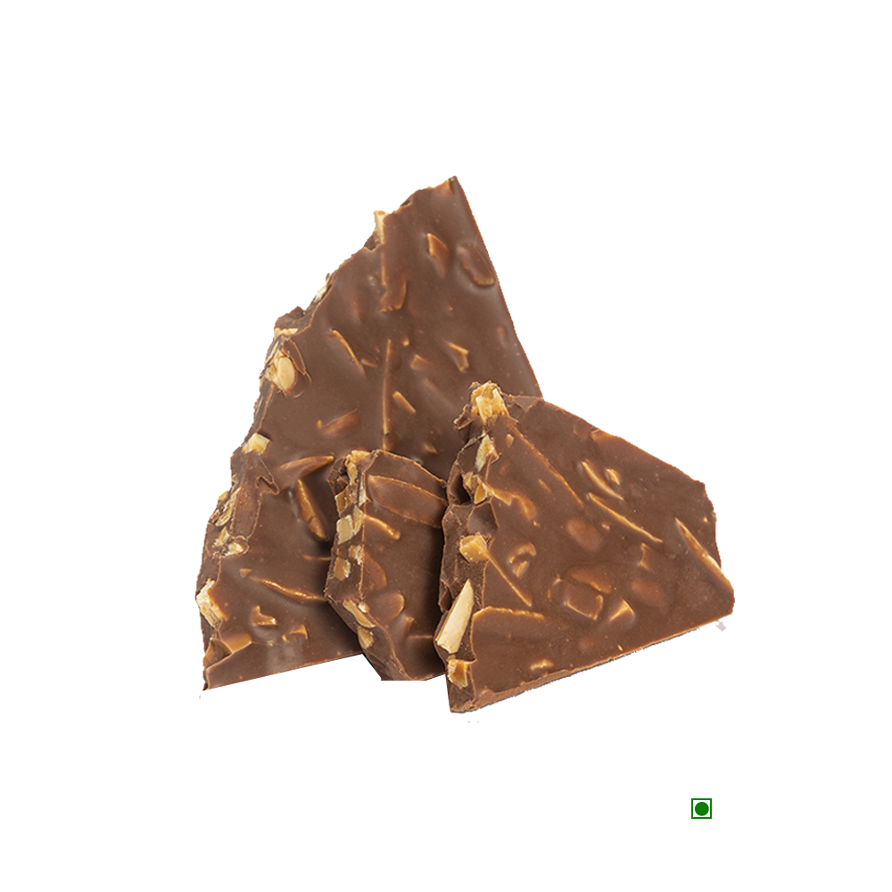 A piece of Rhine Valley Almond Rocher Milk 100g on a white background.