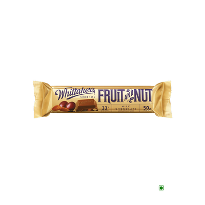 A Whittaker's Fruit & Nut Bar 50g with fruit and nuts on it.
