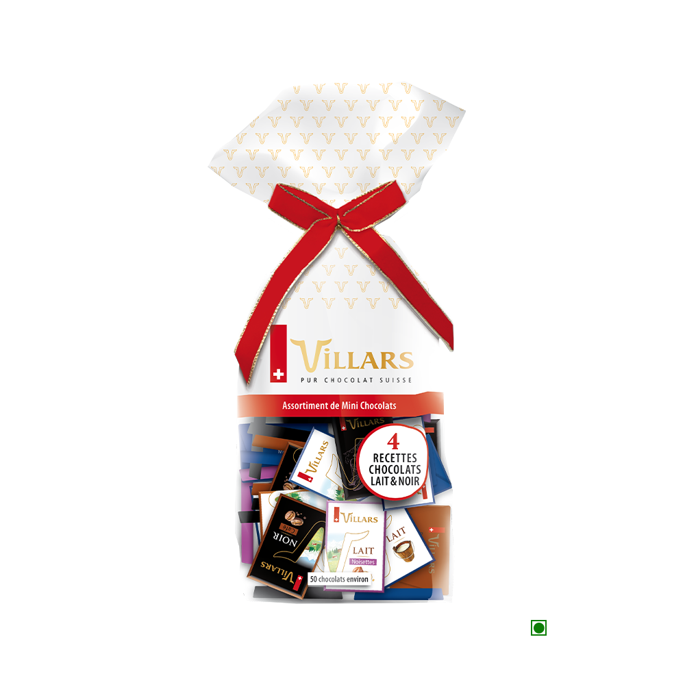 A gift box of Villars Milk & Dark Mini Chocolate Bag 250g with a bow on it.