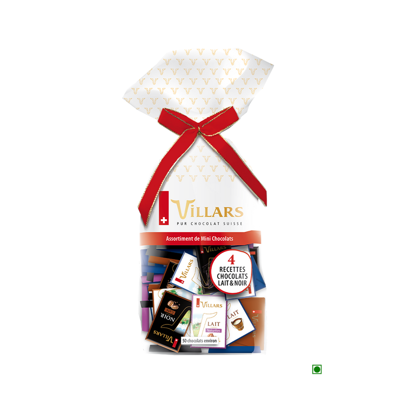 A gift box of Villars Milk & Dark Mini Chocolate Bag 250g with a bow on it.