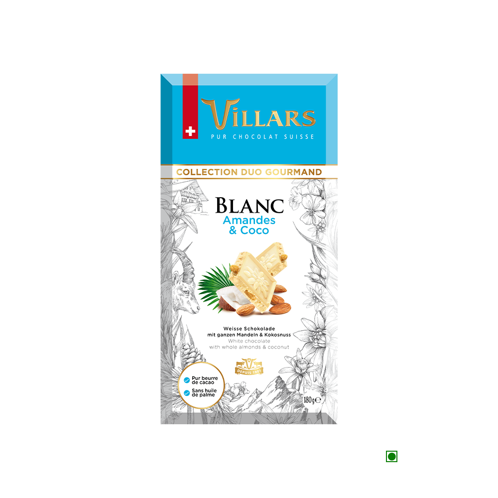 Villars White Chocolate With Whole Almond & Coconut Bar 180g.