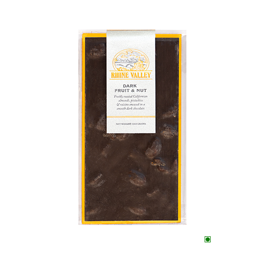 A Rhine Valley Dark Fruit & Nut 100g chocolate bar with a yellow label on it.