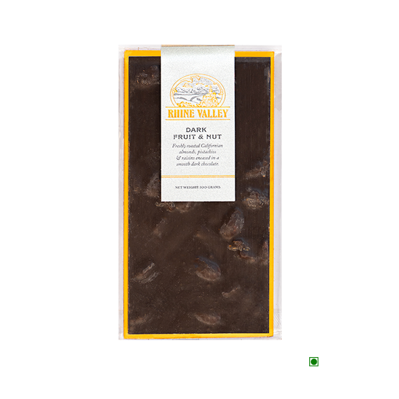A Rhine Valley Dark Fruit & Nut 100g chocolate bar with a yellow label on it.