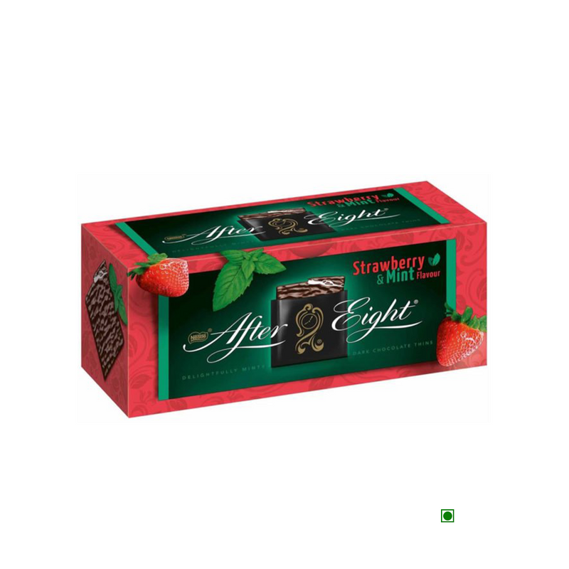 An After Eight Strawberry Mint Chocolate Thins Box 200g with a strawberry and mint chocolate bar.