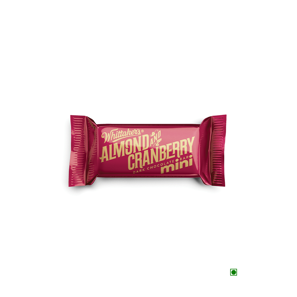 A wrapped Whittaker's Pick & Mix: Whittakers Loose Cranberry & Almond Mini Slab 100/200gm mini dark chocolate bar isolated on a white background.