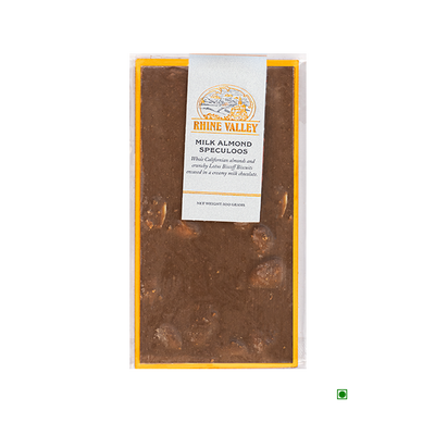 A Rhine Valley Milk Almond Speculoos 100g chocolate bar with a label on it.
