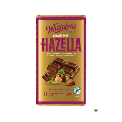 A box of Whittaker's Hazella Bar 250g with hazelnuts.