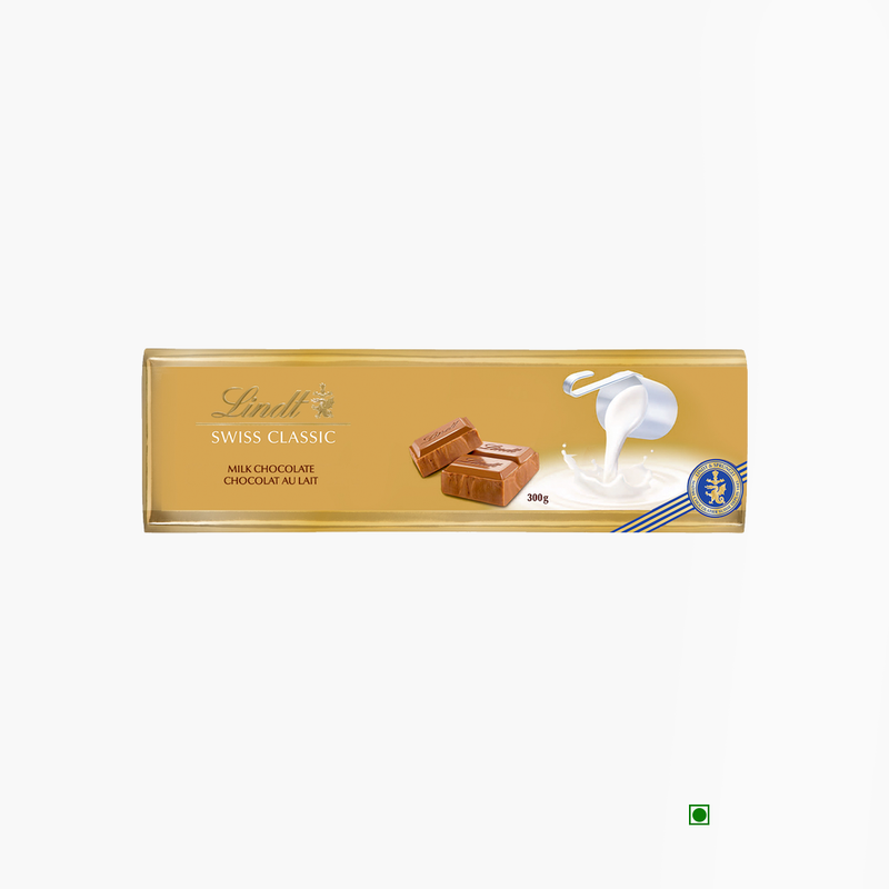 A Lindt Gold Tab Milk Chocolate 300g with milk on a white background.