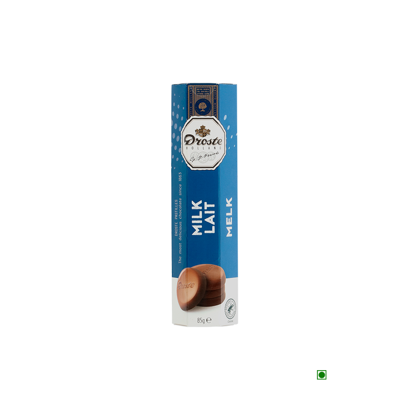 A box of Droste Pastilles Milk Chocolate Rolls 85g on a white background.