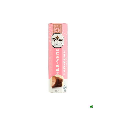 A box of Droste Pastilles Milk-White Chocolate Rolls 85g with a pink label on it.