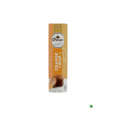 A box of Droste Pastilles Milk Chocolate With Orange Crisp Rolls 85g on a white background.