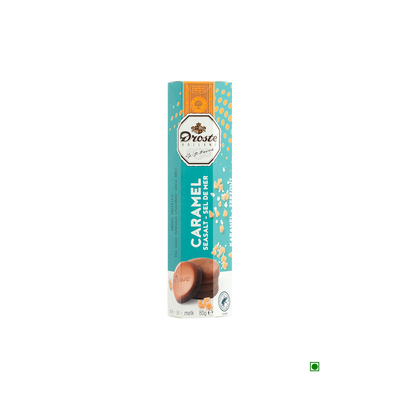 A package of Droste Pastilles Milk Chocolate With Caramel & Seasalt Rolls 80g on a white background.