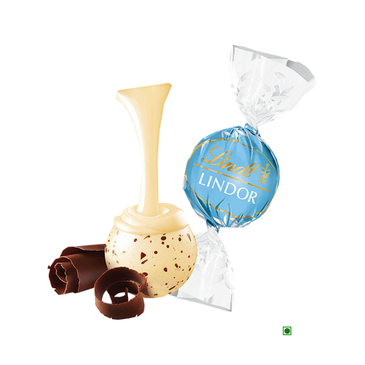 A Pick & Mix : Loose Lindor White Stracciatella 100/250/500g box of chocolates and a Lindt box of chocolates on a white background.