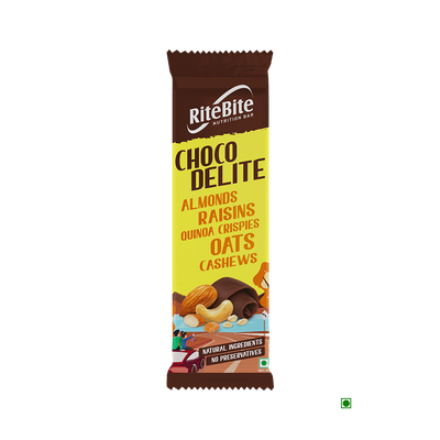 A RiteBite Choco Delite Bar 40g - Pack of 1 delile chocolate with almonds and nuts.