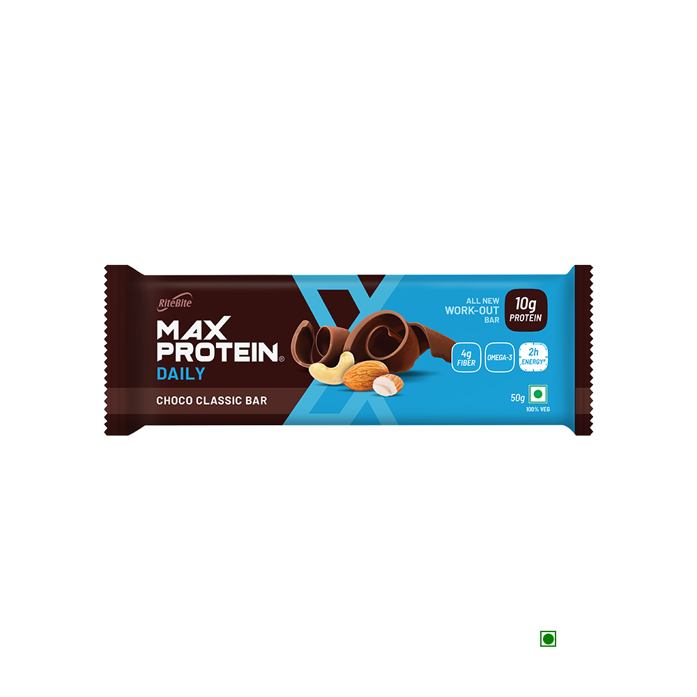 RiteBite Max Protein Daily Choco Classic Bar 50g with chocolate and almonds.