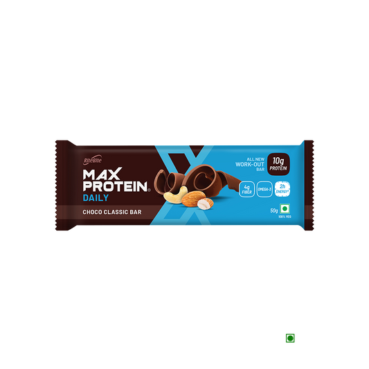 RiteBite Max Protein Daily Choco Classic Bar 50g with chocolate and almonds.