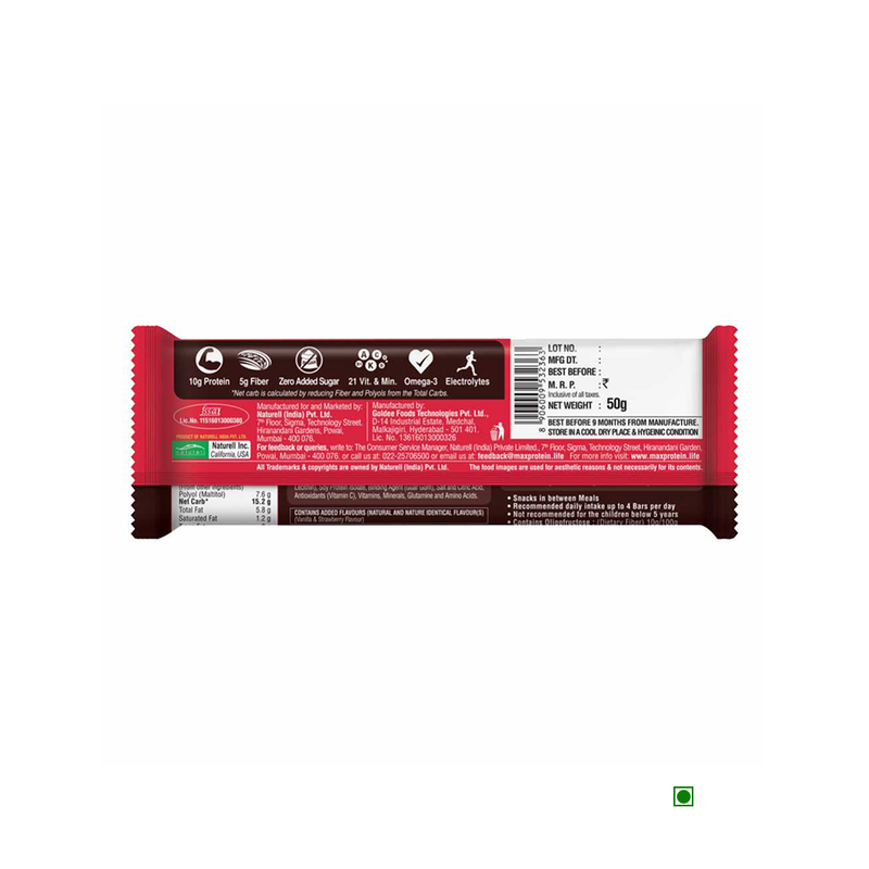 An image of a RiteBite Max Protein Daily Choco Berry Bar 50g on a white background.