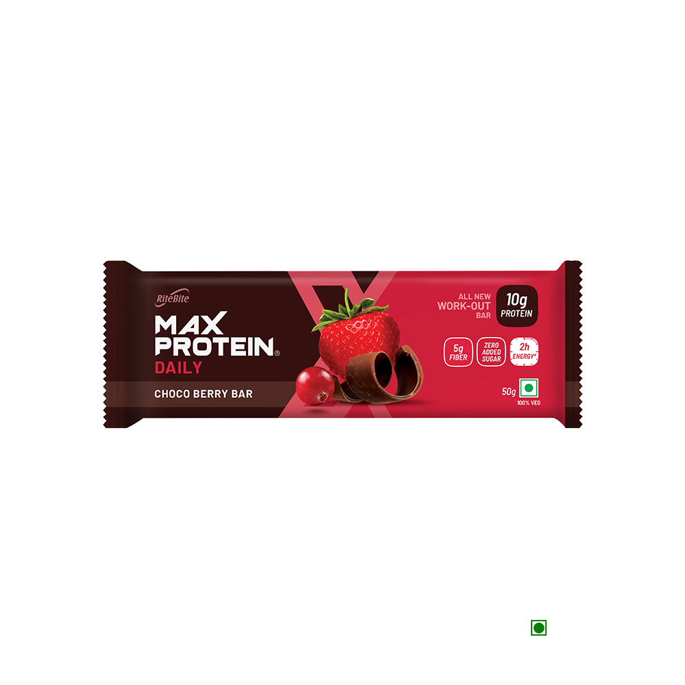 Ritebite Max Protein Daily Choco Berry Bar 50g with strawberries.