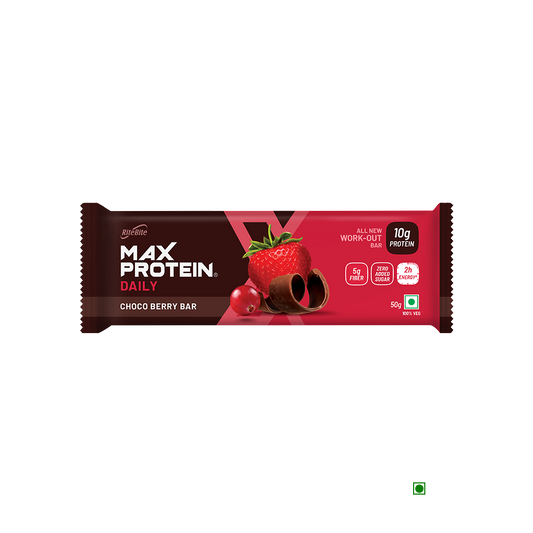 Ritebite Max Protein Daily Choco Berry Bar 50g with strawberries.