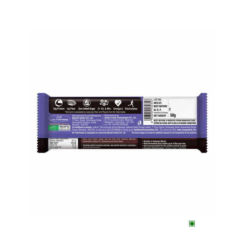 An image of a RiteBite Max Protein Daily Choco Almond Bar 50g on a white background.