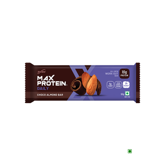 Ritebite Max Protein Daily Choco Almond Bar 50g with almonds and chocolate.