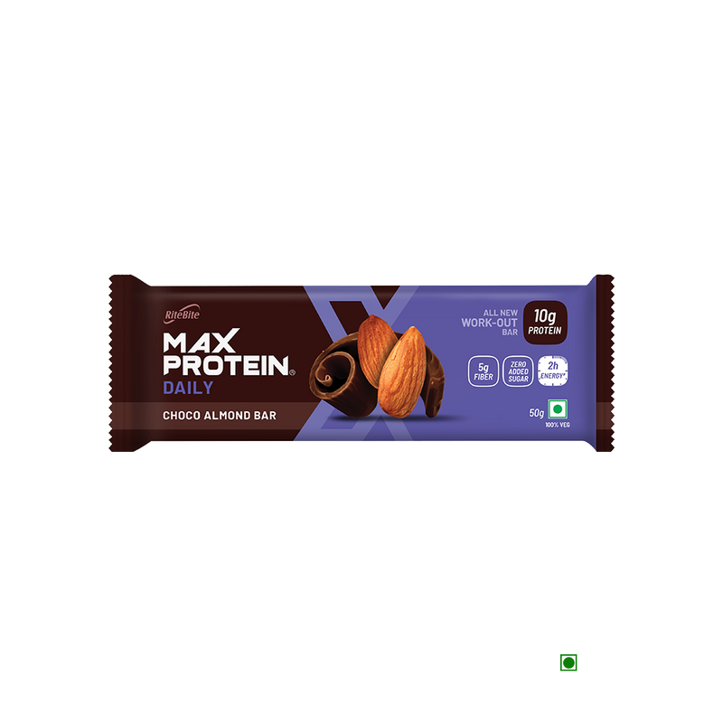 Ritebite Max Protein Daily Choco Almond Bar 50g with almonds and chocolate.