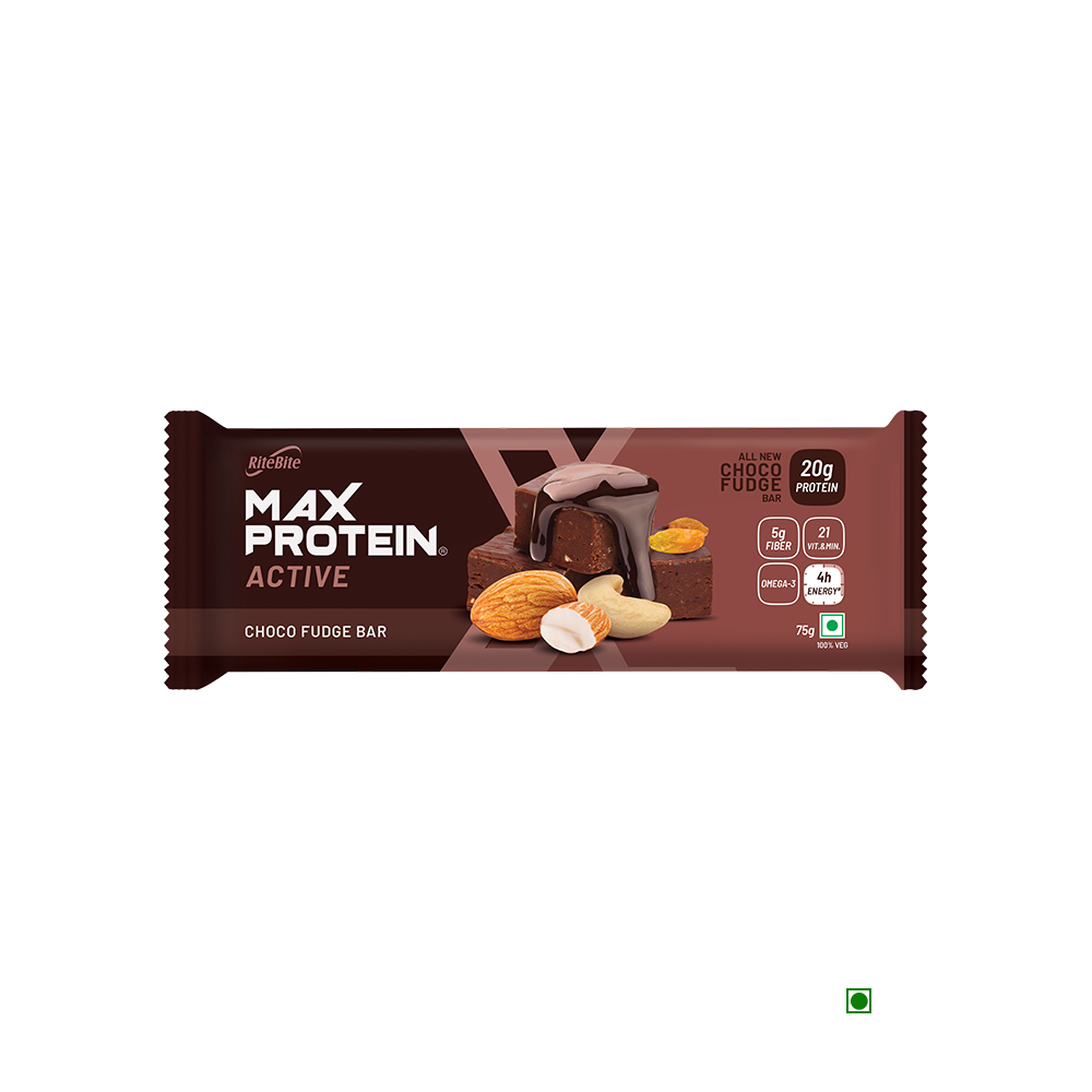 RiteBite Max Protein Active Choco Fudge Bar with almonds and chocolate.