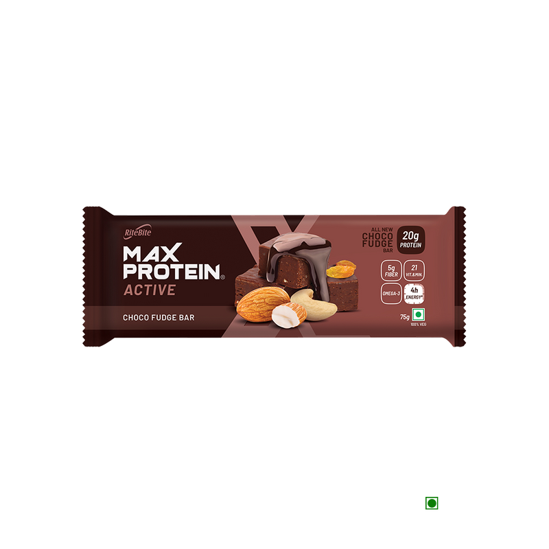 RiteBite Max Protein Active Choco Fudge Bar with almonds and chocolate.