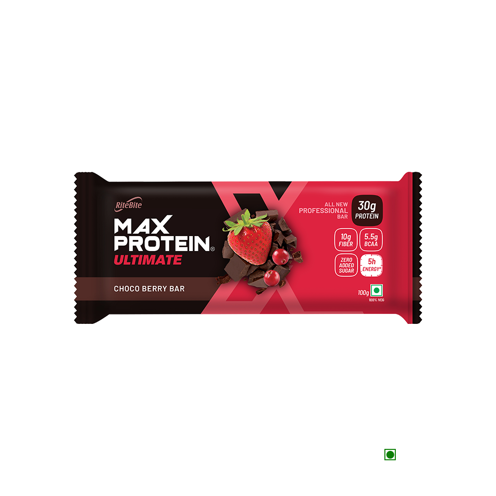 RiteBite Max Protein Ultimate Choco Berry Bar with strawberry and chocolate.