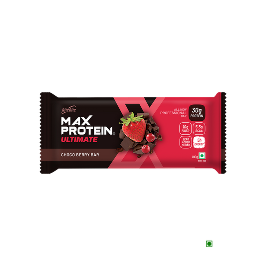 RiteBite Max Protein Ultimate Choco Berry Bar with strawberry and chocolate.