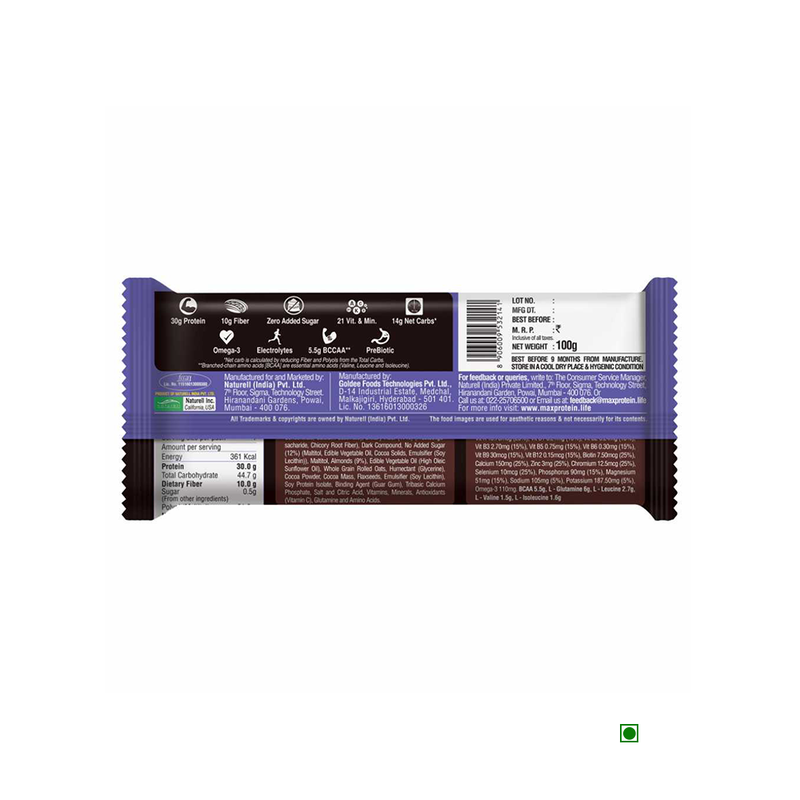 A sugar-free image of a RiteBite Max Protein Ultimate Choco Almond Bar 100g - Pack of 1 on a white background.