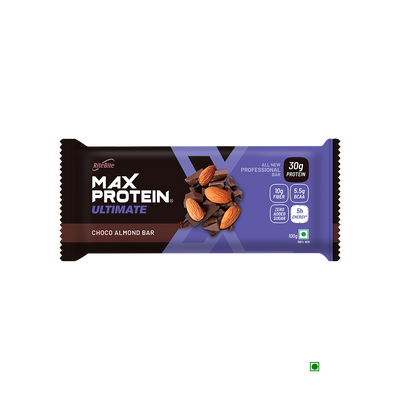 RiteBite Max Protein Ultimate Choco Almond Bar 100g - Pack of 1 with RiteBite protein bar with chocolate and almonds.