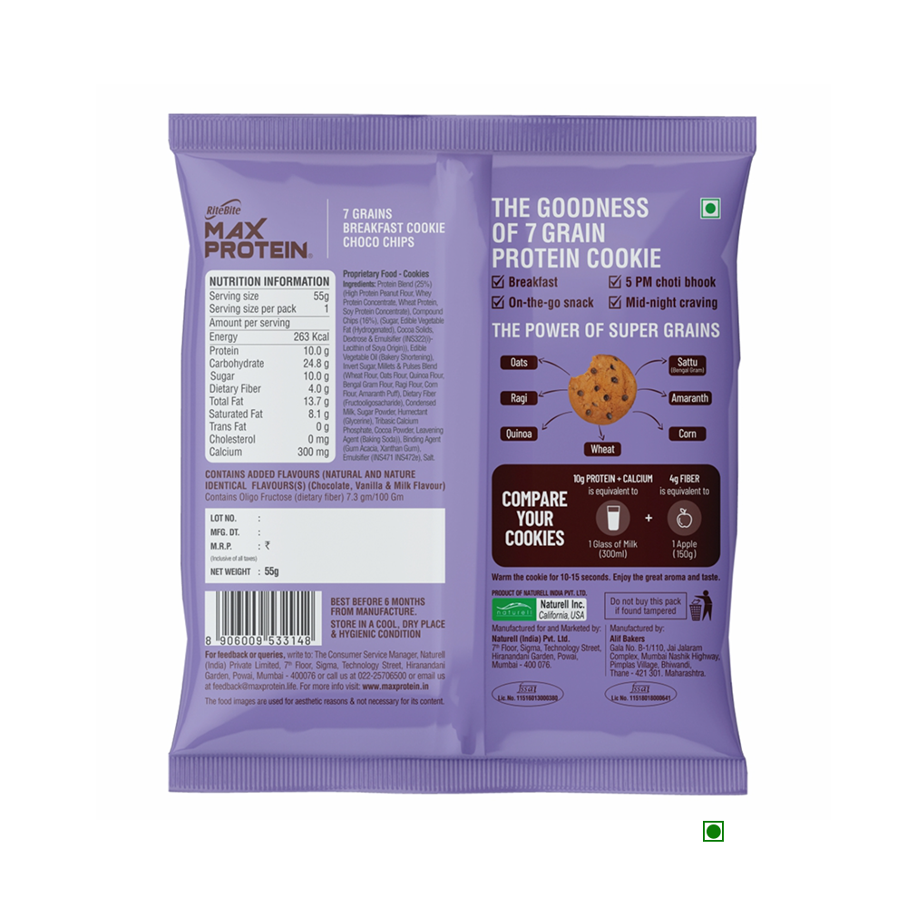 A bag of RiteBite Max Protein Cookies - Choco Chips 55g - Pack of 1 with a label on it.