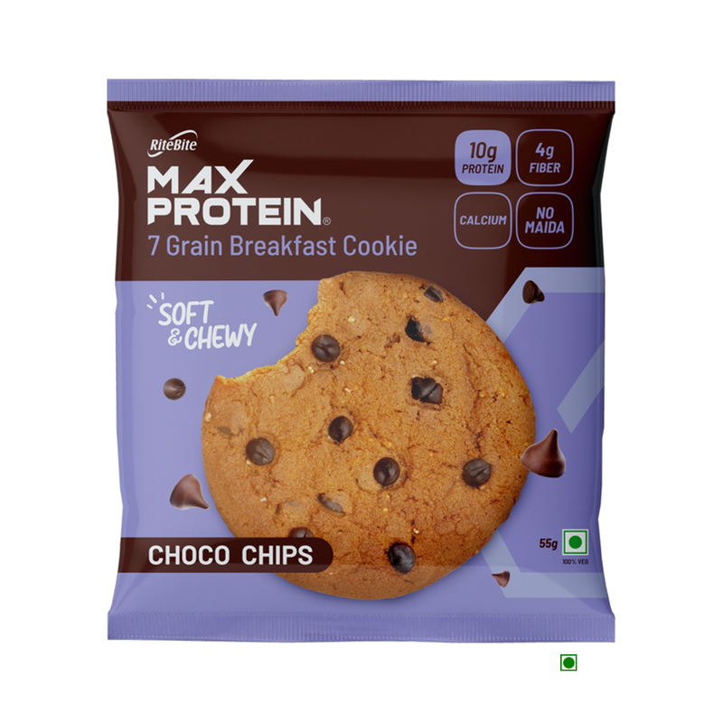 RiteBite Protein-rich 7 grain breakfast cookie with a delightful touch of RiteBite Max Protein Cookies - Choco Chips.