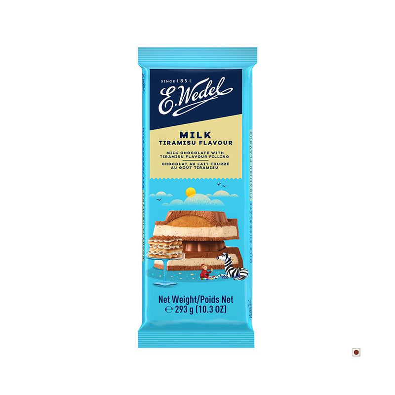 A Wedel Milk Chocolate With Tiramisu Filling Bar 293g with an image of a beach house.