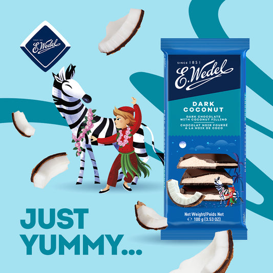 Wedel Dark Chocolate With Coconut Filling Bar 100g with a zebra and a giraffe.