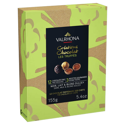 Valrhona Truffles Milk, Dark & Dulcey 12pc Gift Box 155g almonds & hazelnuts in a green box.