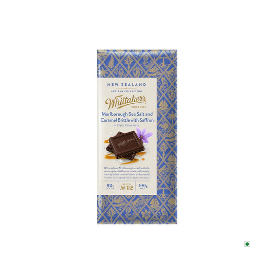 A Whittakers Marlborough Sea Salt & Caramel Brittle With Saffron Bar 100g with a blue and white pattern inspired by the Marlborough Sea Salt.