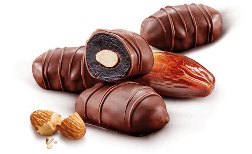 Chocodate Exclusive Dark No Added Sugar Pouch 100g: UAE's bite sized delicacy of chocolate covered dates and nuts on a white background.