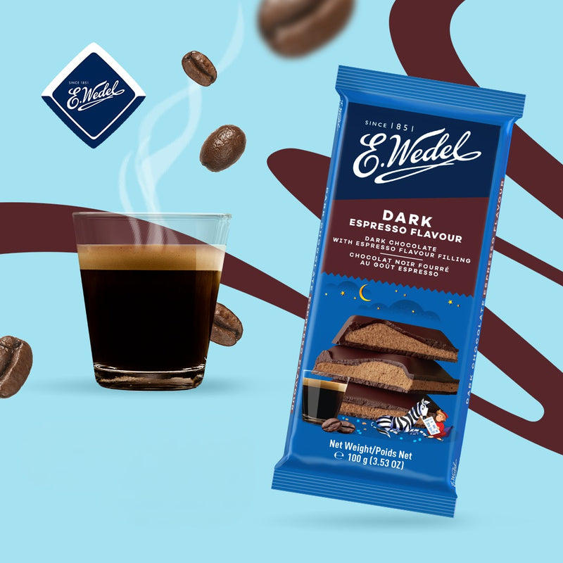 Wedel dark chocolate with espresso filling bar 100g with a cup of coffee.