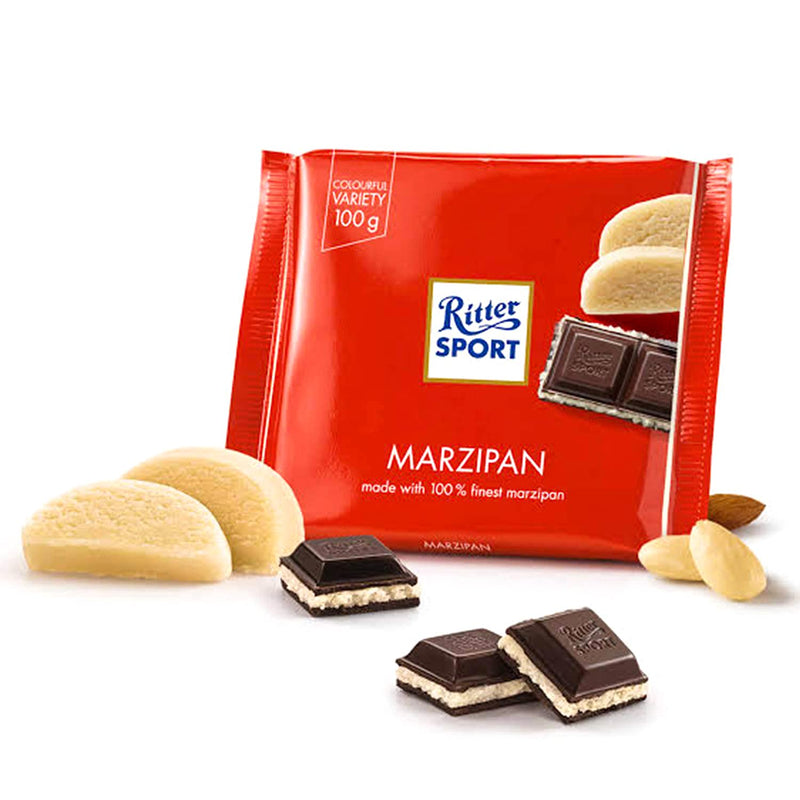 Ritter Sport Marzipan Bar 100g with almonds and almonds on a white background.