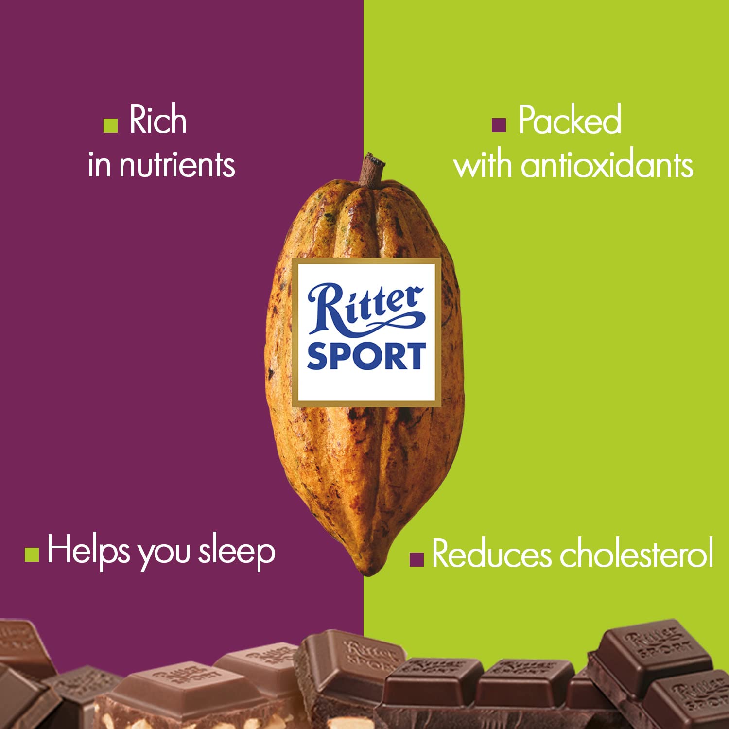 A Ritter Sport 81% Strong Dark Chocolate Bar 100g and a Ritter Sport 81% Strong Dark Chocolate Bar with the words riviera sport.