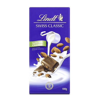 Lindt Swiss Classic Roasted Almond Bar 100g with almonds.
