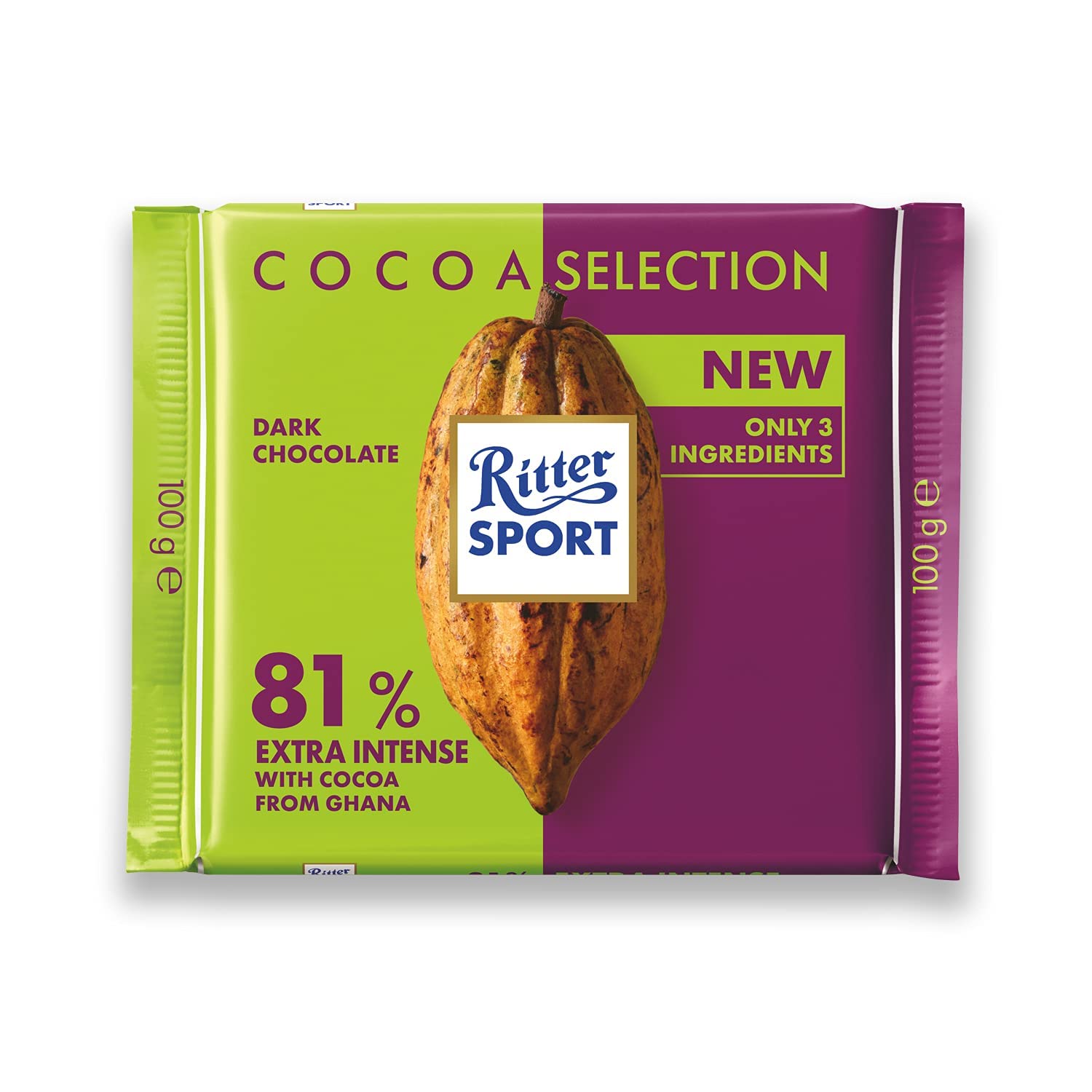A Ritter Sport 81% Strong Dark Chocolate Bar 100g with a Ritter Sport bar of chocolate on it.