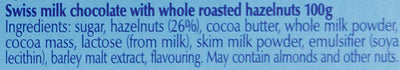 The back of a Lindt Swiss Classic Milk Hazelnut Bar 100g with a label on it.
