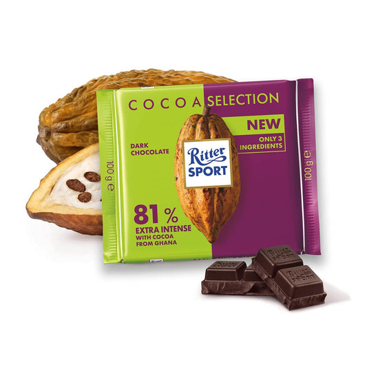 A Ritter Sport 81% Strong Dark Chocolate Bar 100g with a cocoa selection next to it.