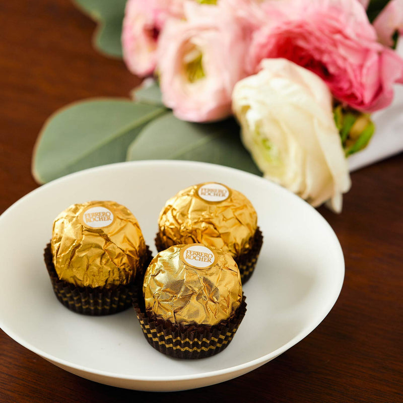 Ferrero Rocher T30 375g on a white plate with flowers.